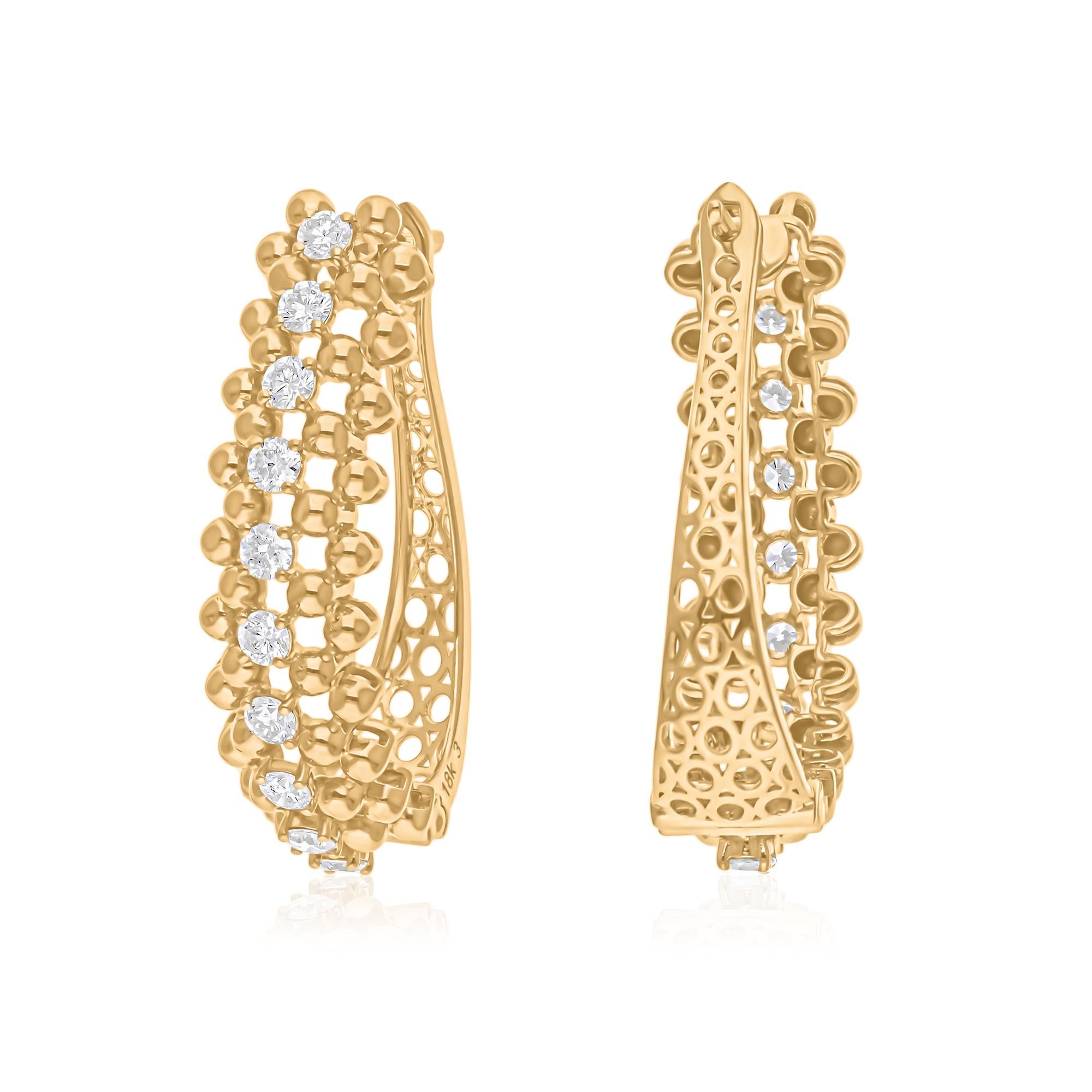 Moderne 1.60 Carat SI/H Diamond Round Brilliant Cut Hoop Earrings 18 Karat Yellow Gold en vente