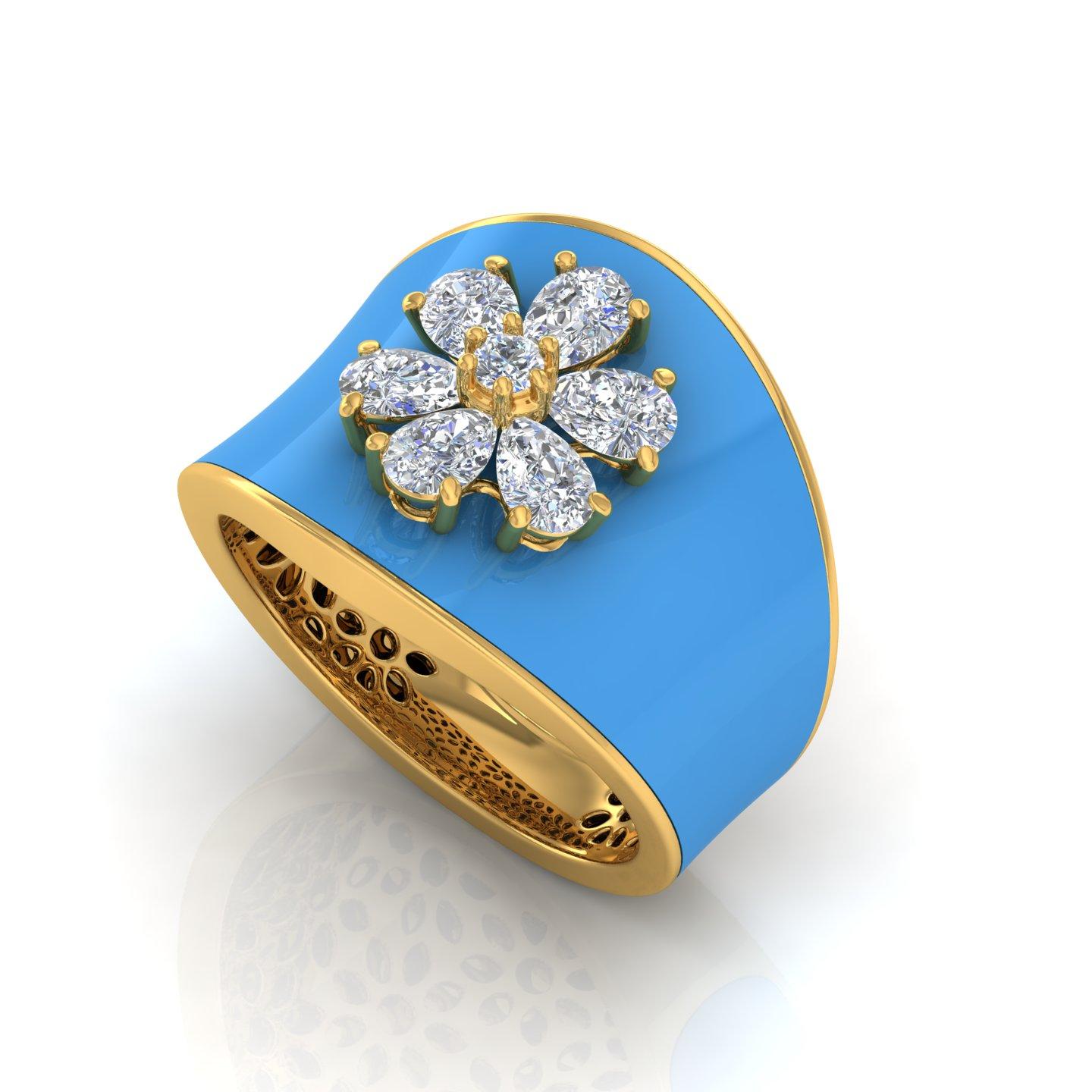 Im Angebot: 1,60 Karat SI/HI birnenförmiger Diamant-Blauer Emaille-Kuppelring aus 18 Karat Gelbgold () 2