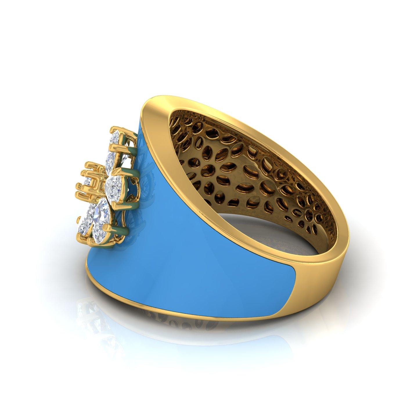 Im Angebot: 1,60 Karat SI/HI birnenförmiger Diamant-Blauer Emaille-Kuppelring aus 18 Karat Gelbgold () 4