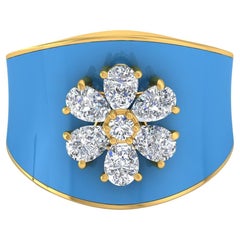 1.60 Carat SI/HI Pear Diamond Blue Enamel Dome Ring 18 Karat Yellow Gold Jewelry