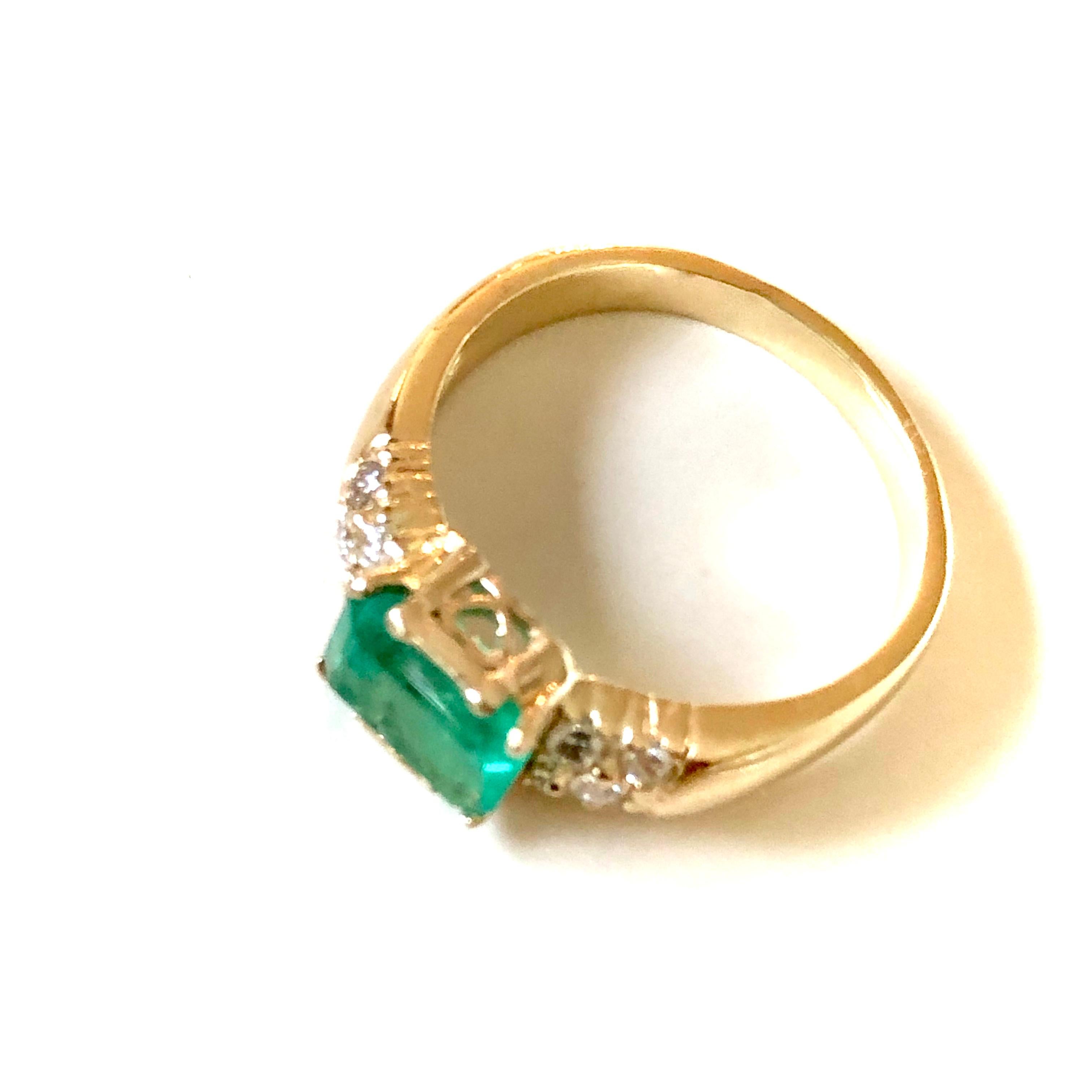 Emerald Cut 1.60 Carat Vintage Natural Emerald Ring Diamond Accents 14 Karat Yellow Gold