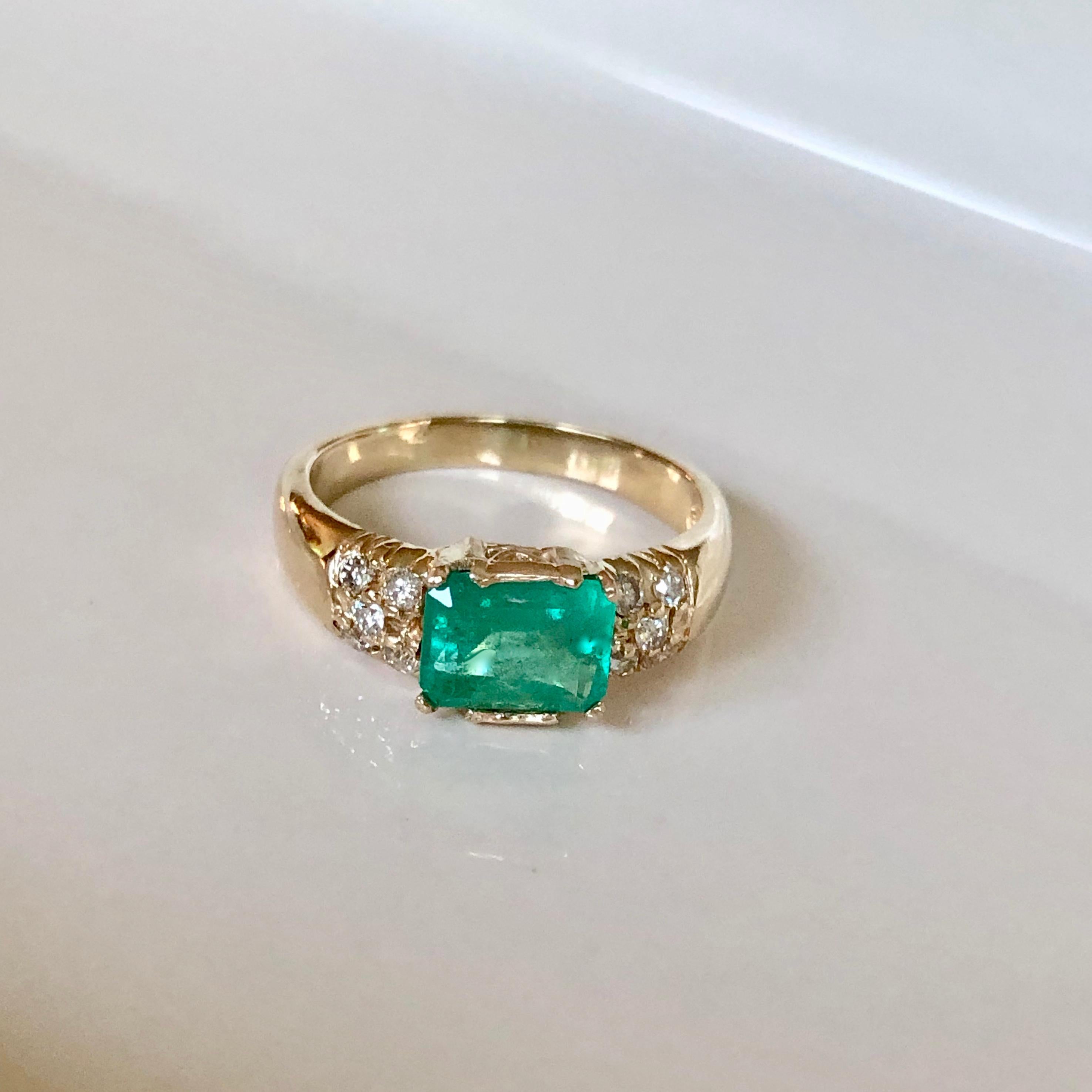 1.60 Carat Vintage Natural Emerald Ring Diamond Accents 14 Karat Yellow Gold 2