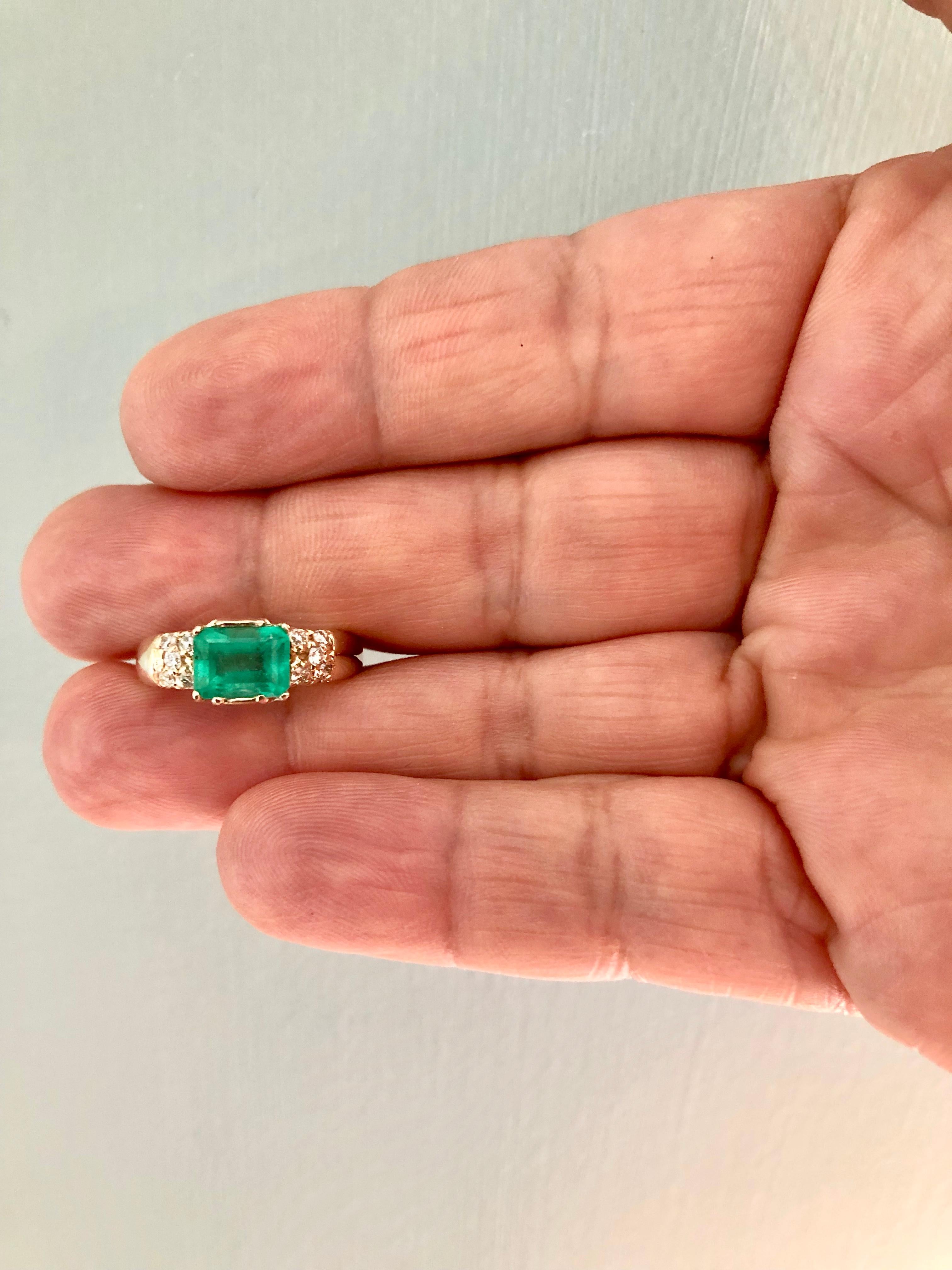 1.60 Carat Vintage Natural Emerald Ring Diamond Accents 14 Karat Yellow Gold 3