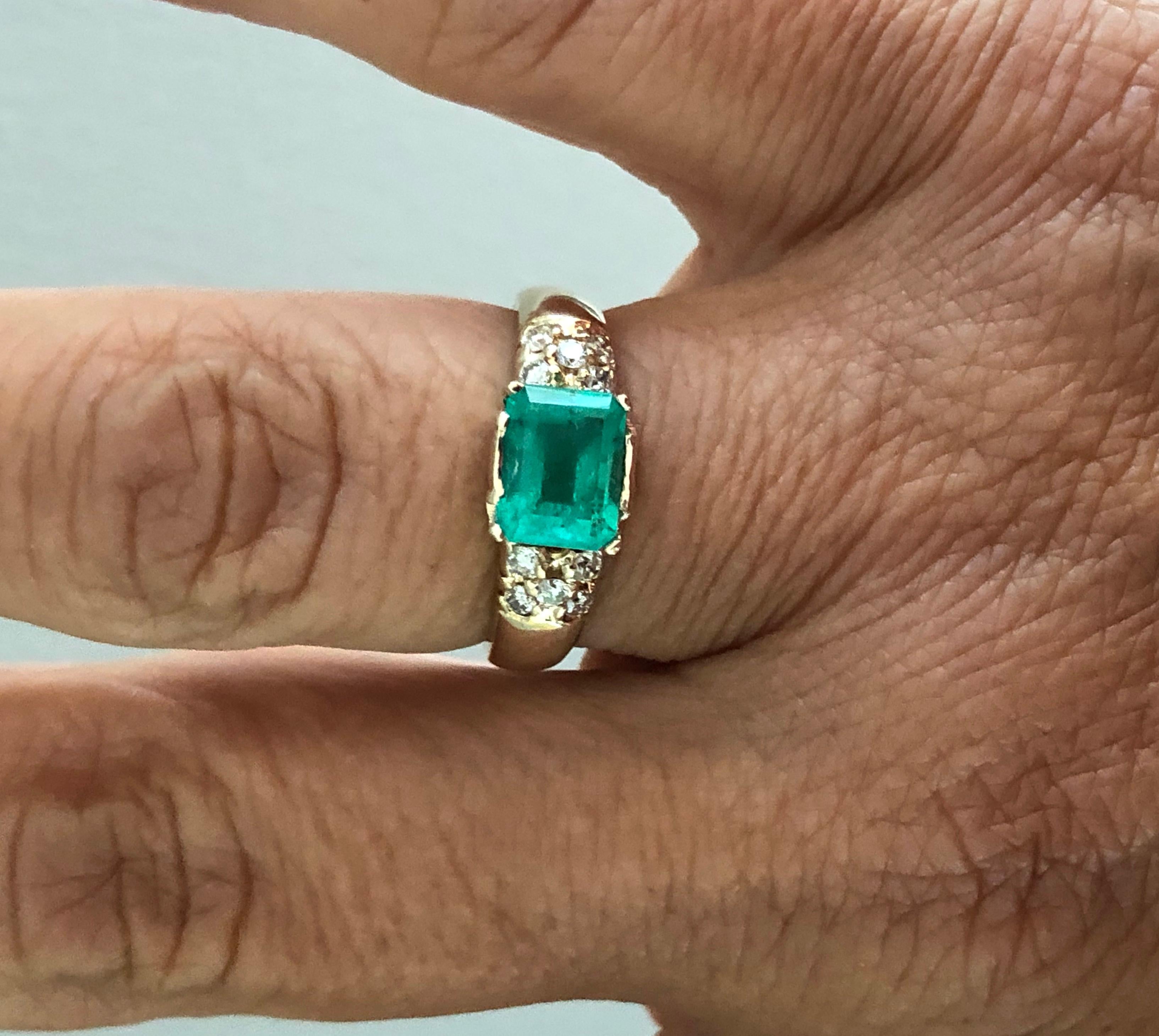 1.60 Carat Vintage Natural Emerald Ring Diamond Accents 14 Karat Yellow Gold 1