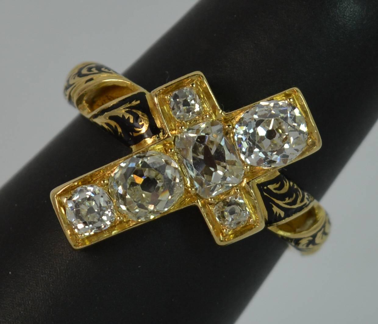 1.60 Carat VS Old Cut Diamond 18 Carat Gold and Enamel Cross Mourning Ring 4
