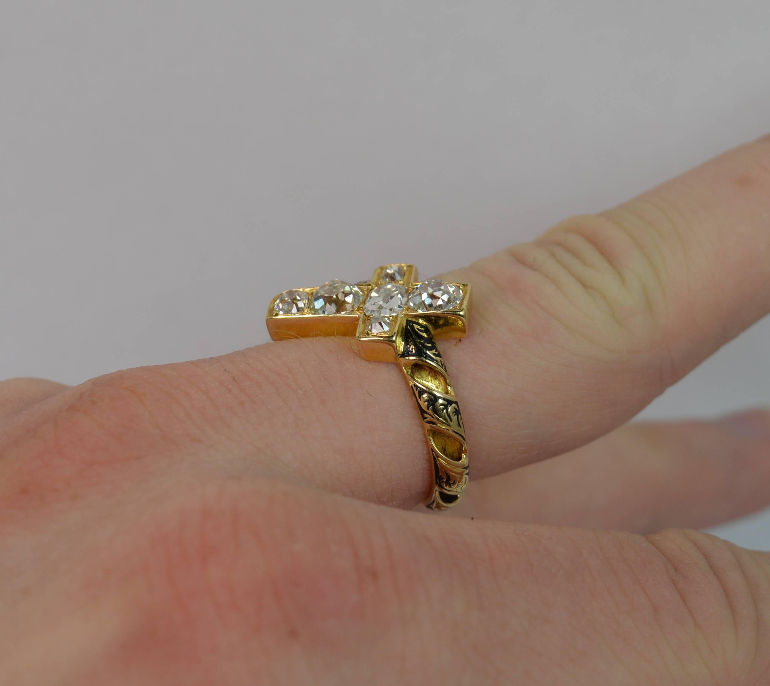 Victorian 1.60 Carat VS Old Cut Diamond 18 Carat Gold and Enamel Cross Mourning Ring
