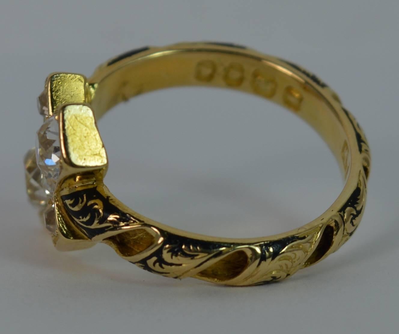 Old European Cut 1.60 Carat VS Old Cut Diamond 18 Carat Gold and Enamel Cross Mourning Ring