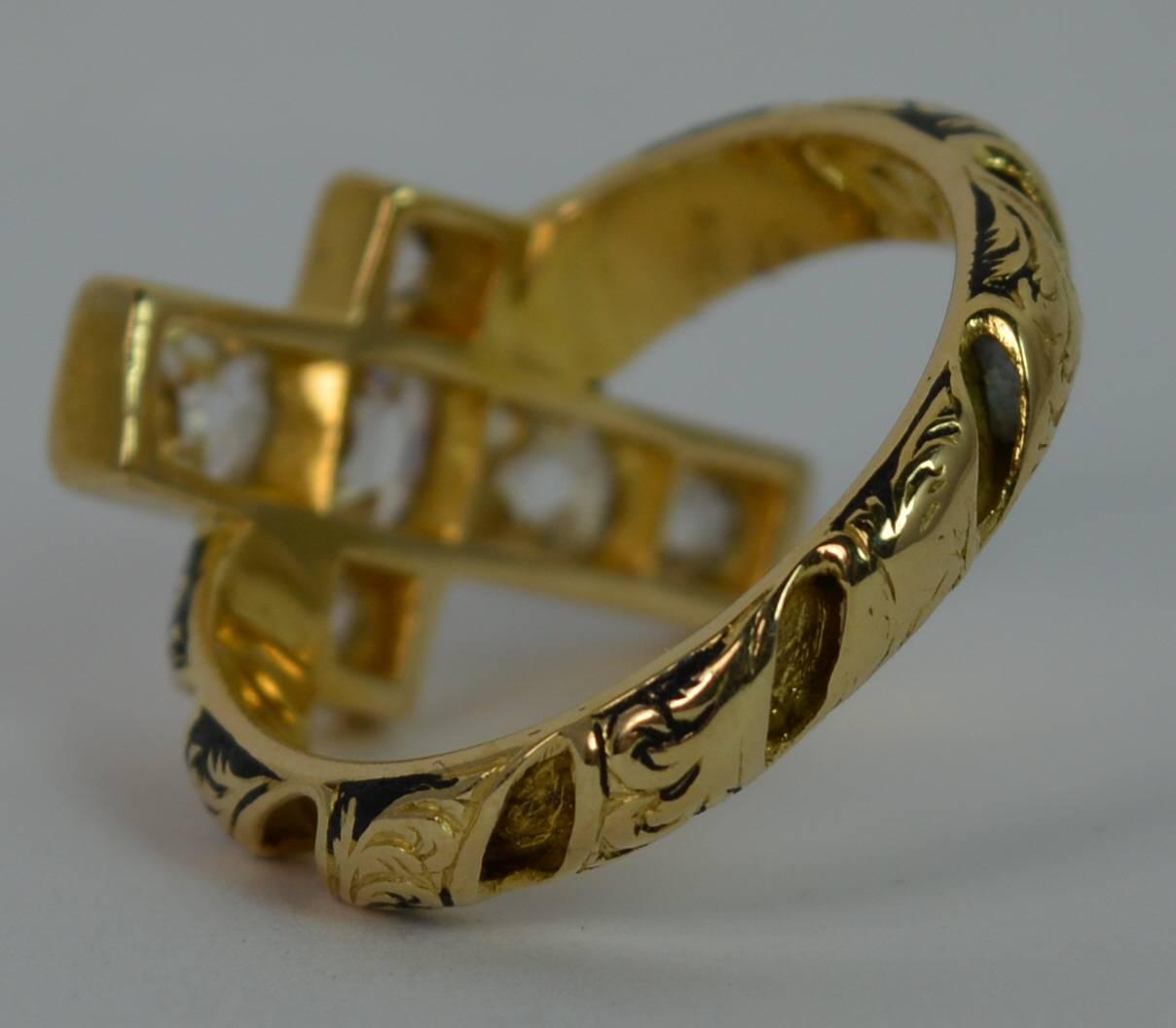 1.60 Carat VS Old Cut Diamond 18 Carat Gold and Enamel Cross Mourning Ring In Good Condition In St Helens, GB