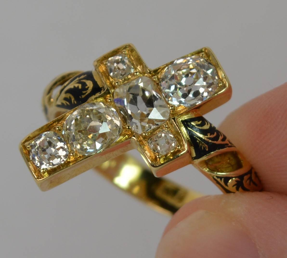1.60 Carat VS Old Cut Diamond 18 Carat Gold and Enamel Cross Mourning Ring 1