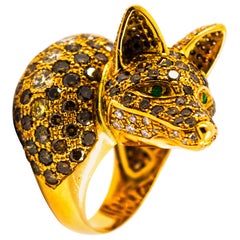 Vintage 1.60 Carat White Diamond 7.52 Carat Brown Diamond Emerald Yellow Gold Fox Ring