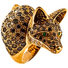 Vintage 1.60 Carat White Diamond 7.54 Carat Brown Diamond Emerald Yellow Gold "Fox" Ring