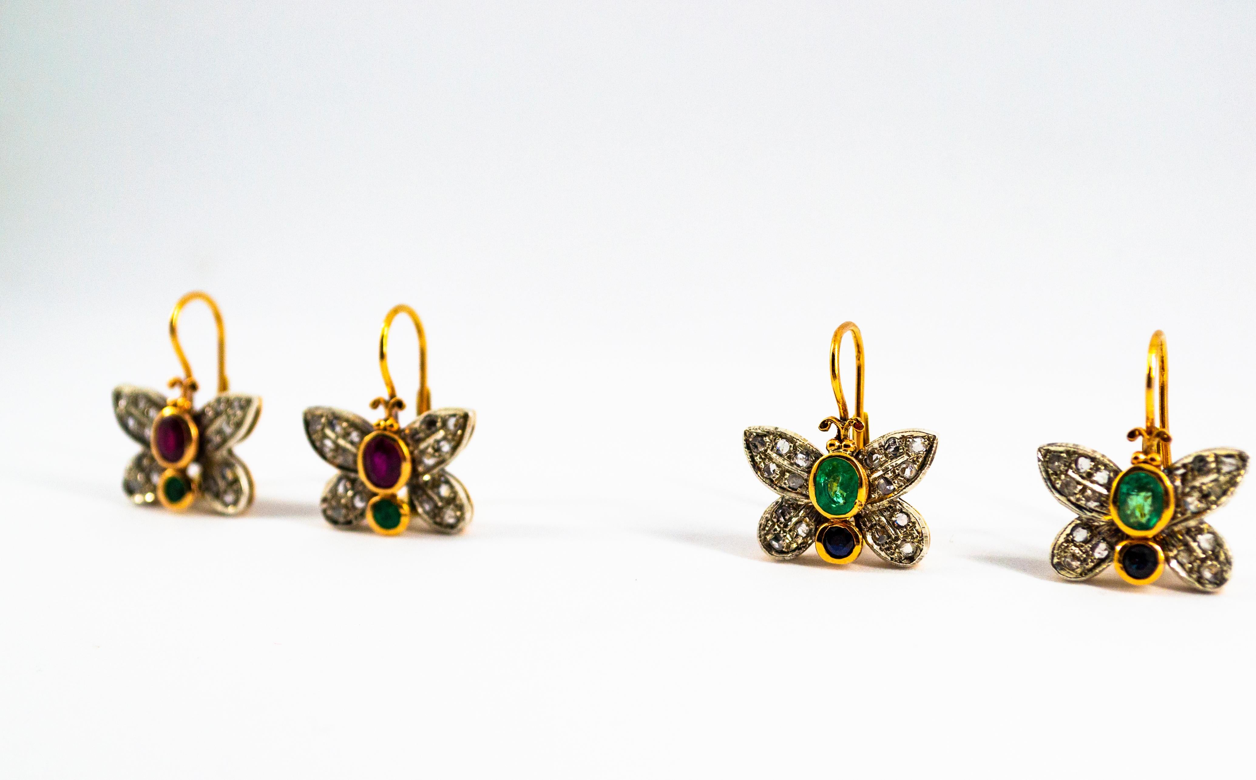 Boucles d'oreilles « papillon » en or jaune avec diamants blancs taille rose et émeraudes de 1,60 carat en vente 8