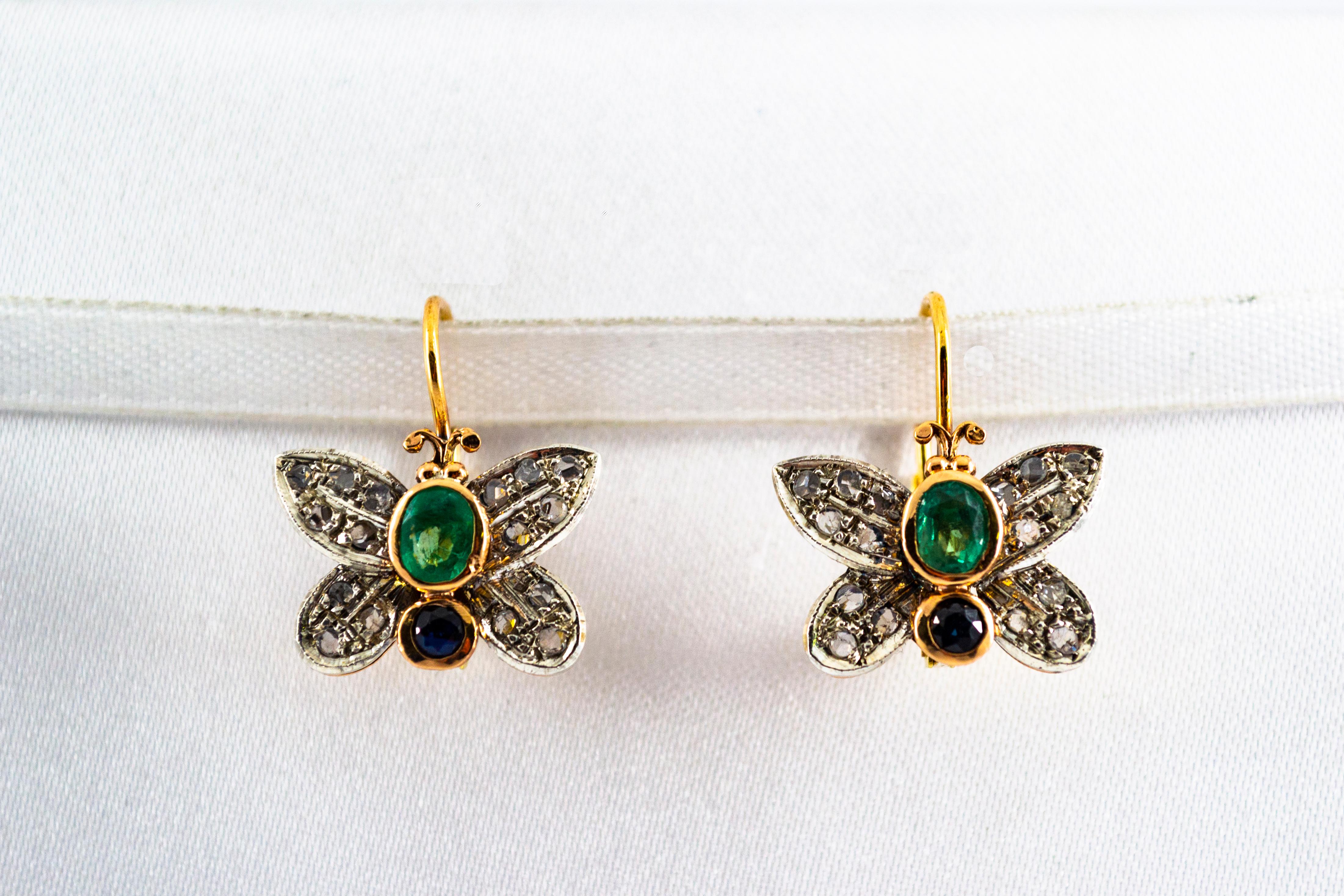 Art nouveau Boucles d'oreilles « papillon » en or jaune avec diamants blancs taille rose et émeraudes de 1,60 carat en vente