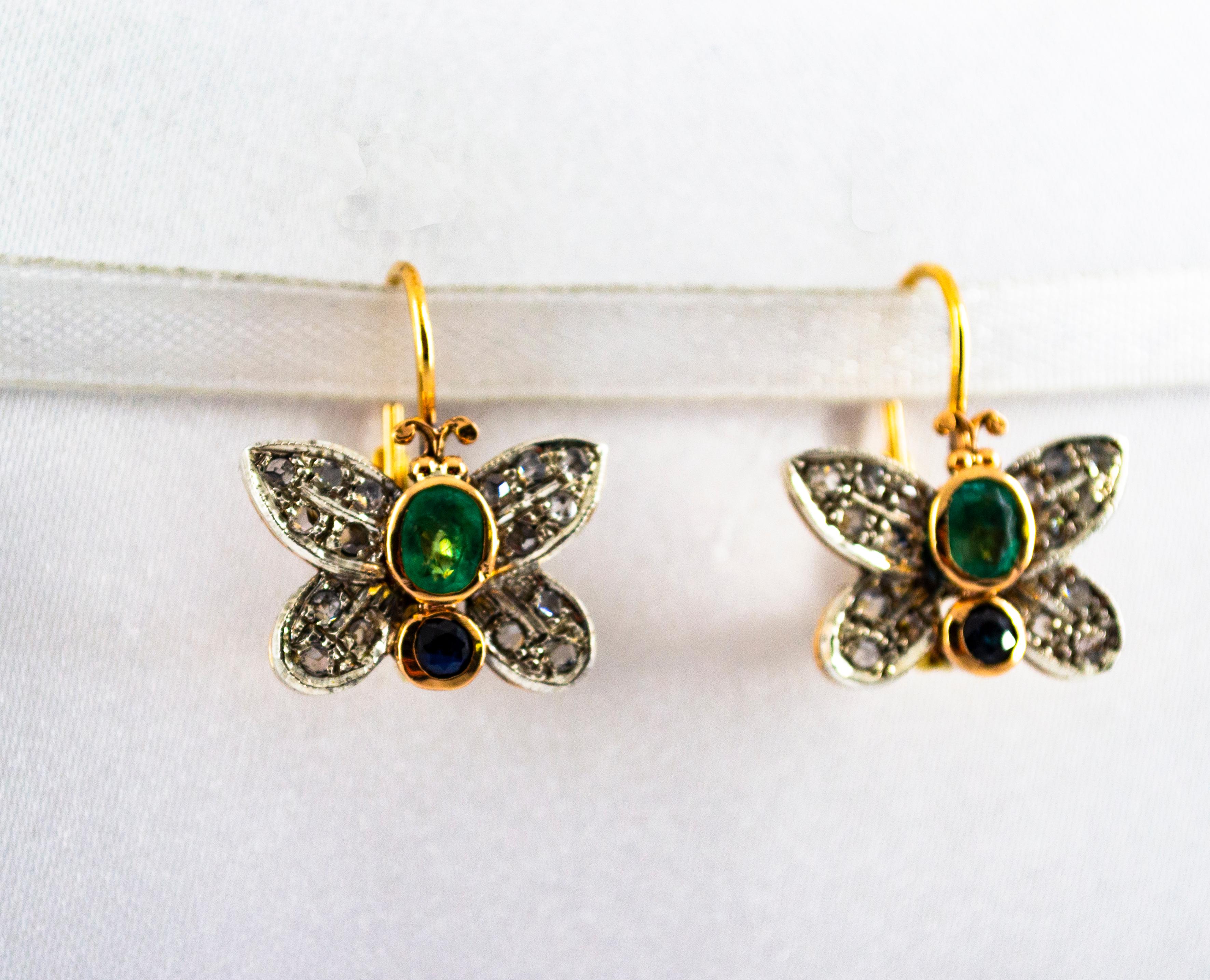Taille rose Boucles d'oreilles « papillon » en or jaune avec diamants blancs taille rose et émeraudes de 1,60 carat en vente