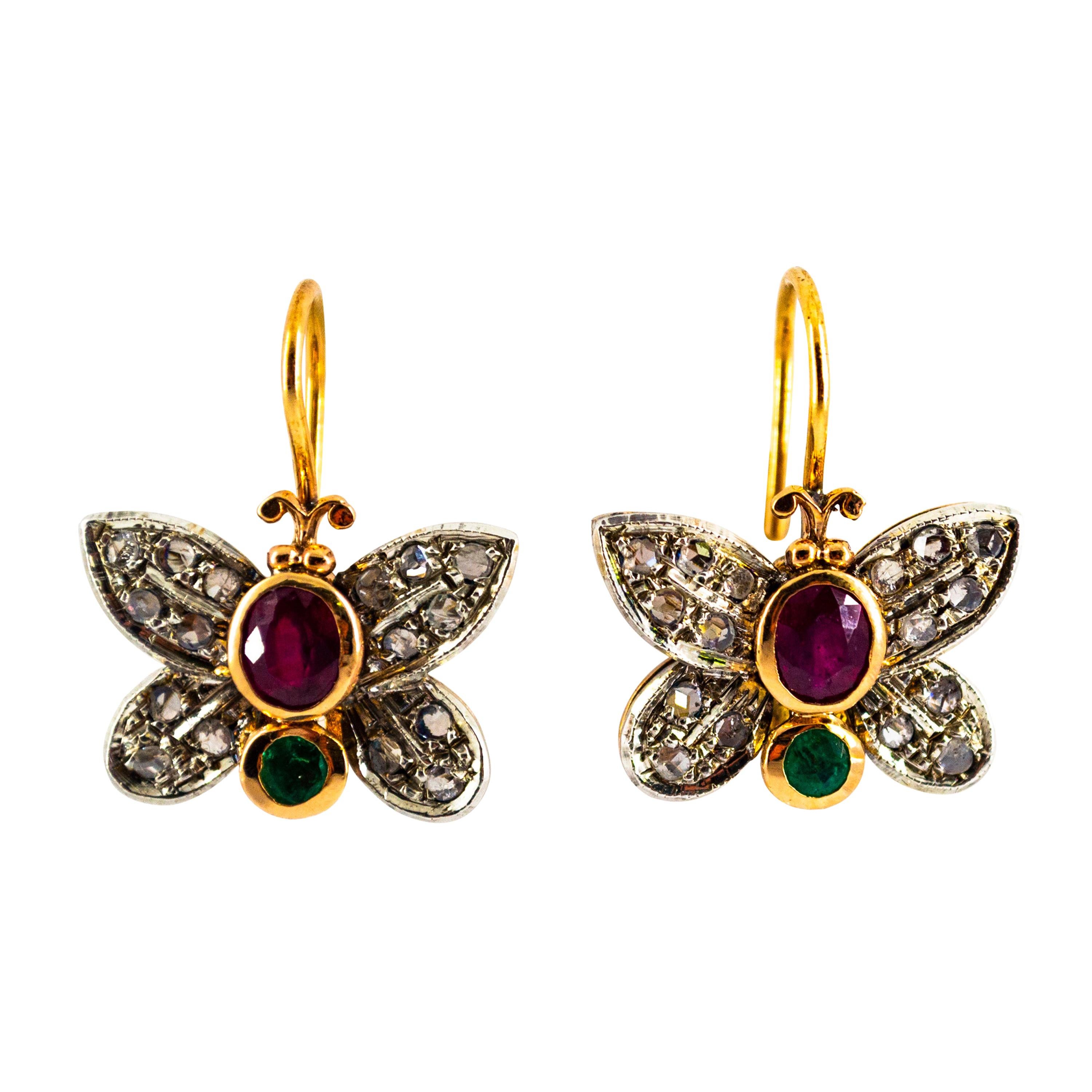 1.60 Carat White Rose Cut Diamond Emerald Ruby Yellow Gold "Butterfly" Earrings For Sale
