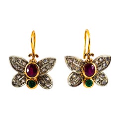 Vintage 1.60 Carat White Rose Cut Diamond Emerald Ruby Yellow Gold "Butterfly" Earrings