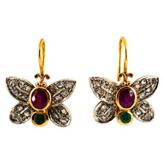 1.60 Carat White Rose Cut Diamond Emerald Ruby Yellow Gold "Butterfly" Earrings