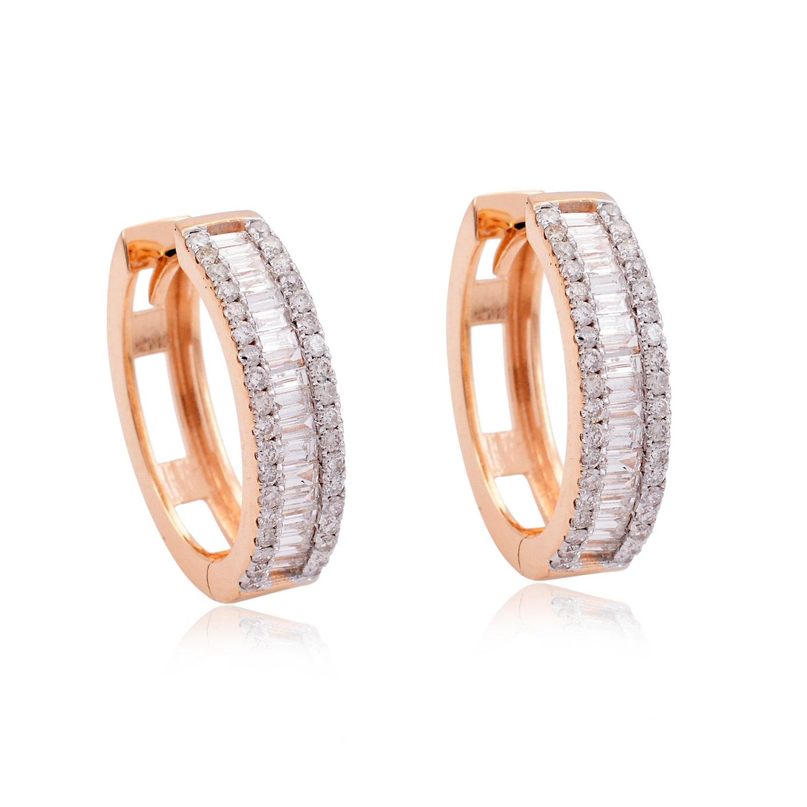 Cast in 14-karat gold, these beautiful hoop earrings are hand set with 1.60 carats of baguette sparkling diamonds. 

FOLLOW  MEGHNA JEWELS storefront to view the latest collection & exclusive pieces.  Meghna Jewels is proudly rated as a Top Seller