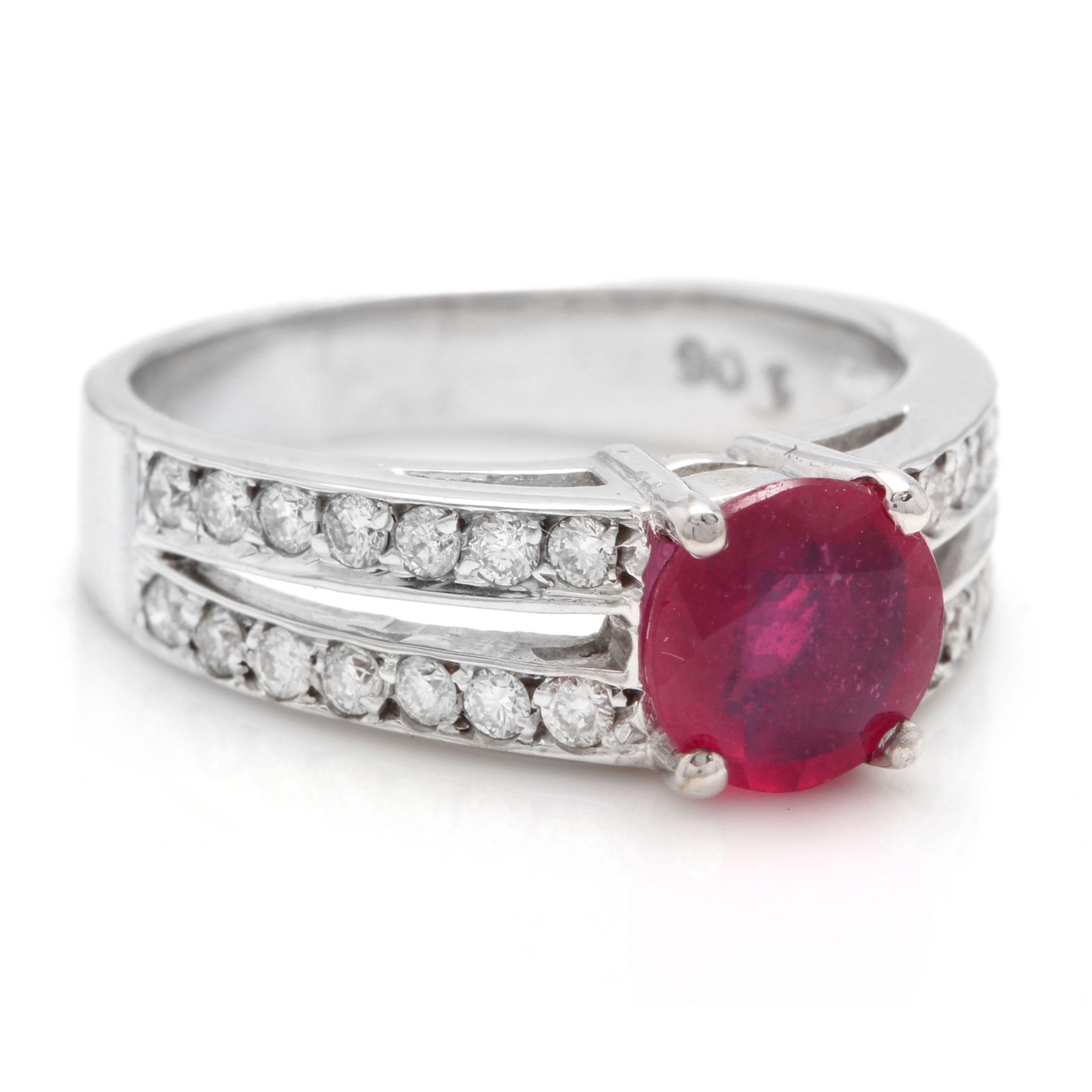 1.60 Carats Impressive Red Ruby and Natural Diamond 14K White Gold Ring

Total Red Ruby Weight is Approx. 1.10 Carats

Ruby Treatment: Lead Glass Filling

Ruby Measures: Approx. 7mm

Natural Round Diamonds Weight: Approx. 0.50 Carats (color G-H /