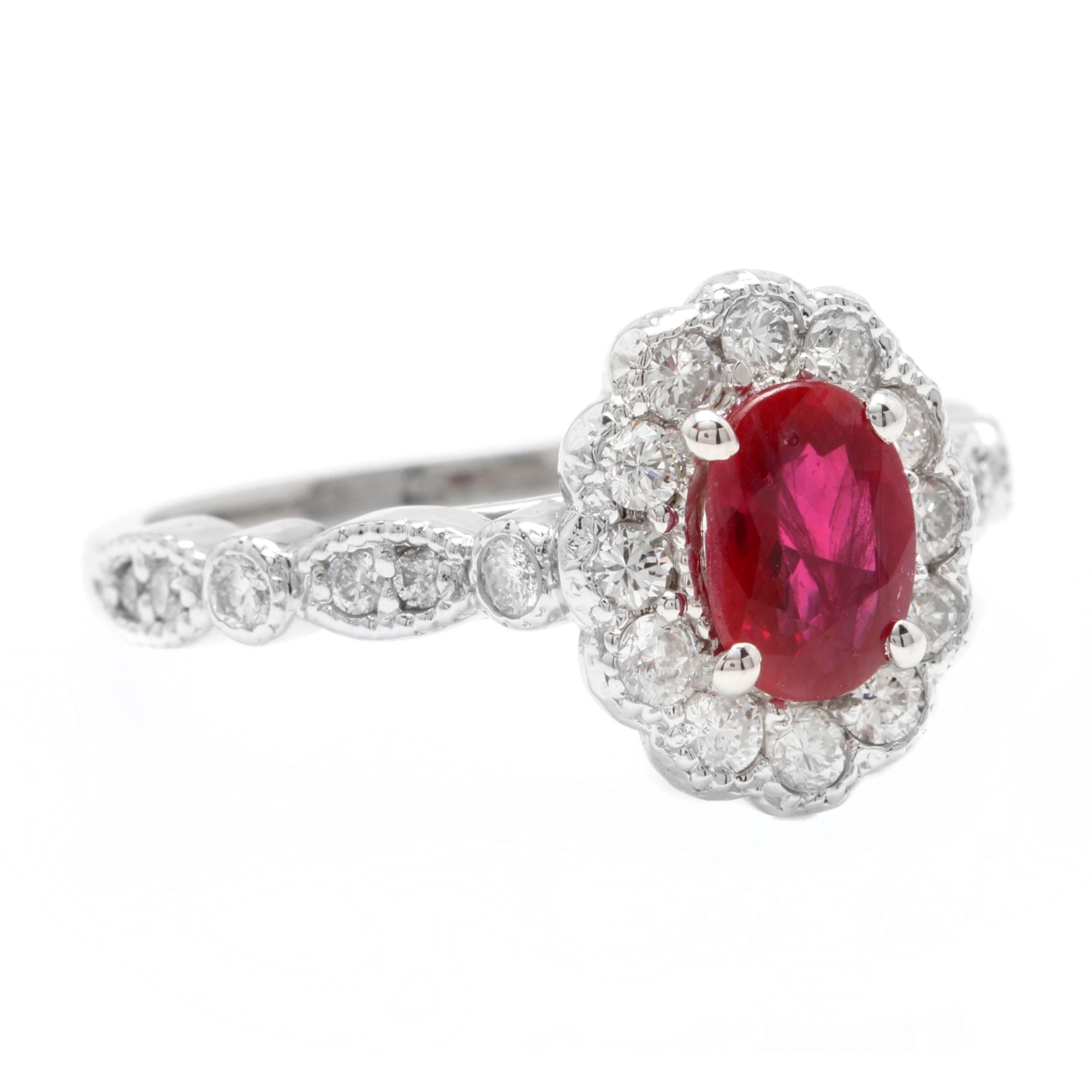 1.60 Carats Impressive Natural Red Ruby and Diamond 14K White Gold Ring

Total Natural Red Ruby Weight is Approx. 1.00 Carats

Ruby Measures: Approx. 7.00 X 5.00mm

Natural Round Diamonds Weight: Approx. 0.60 Carats (color G-H / Clarity