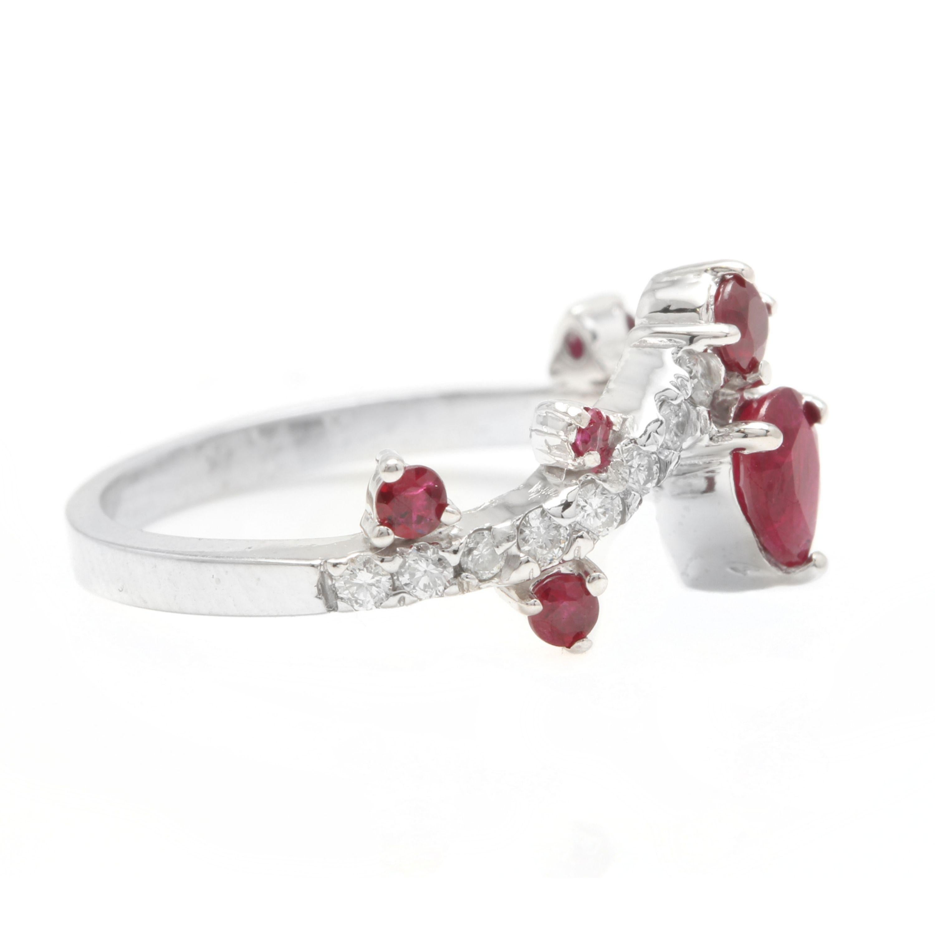 Mixed Cut 1.30 Carat Natural Red Ruby and Diamond 14 Karat Solid White Gold Ring For Sale