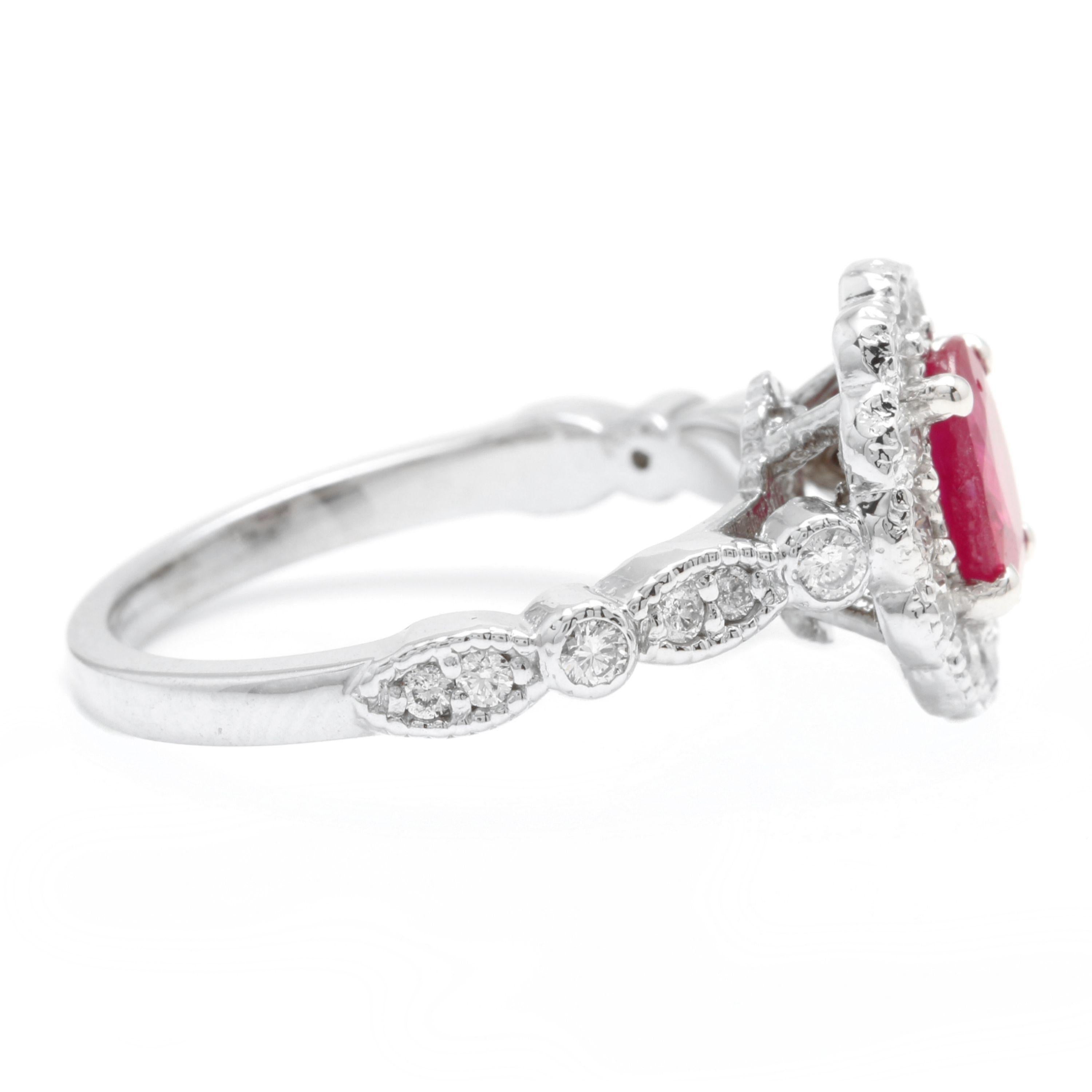 Mixed Cut 1.60 Carat Natural Red Ruby and Diamond 14 Karat Solid White Gold Ring For Sale