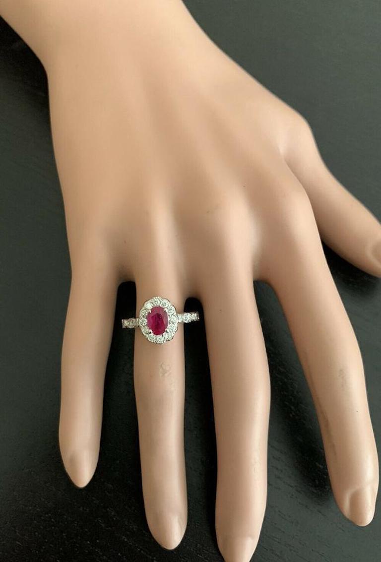 Women's 1.60 Carat Natural Red Ruby and Diamond 14 Karat Solid White Gold Ring For Sale