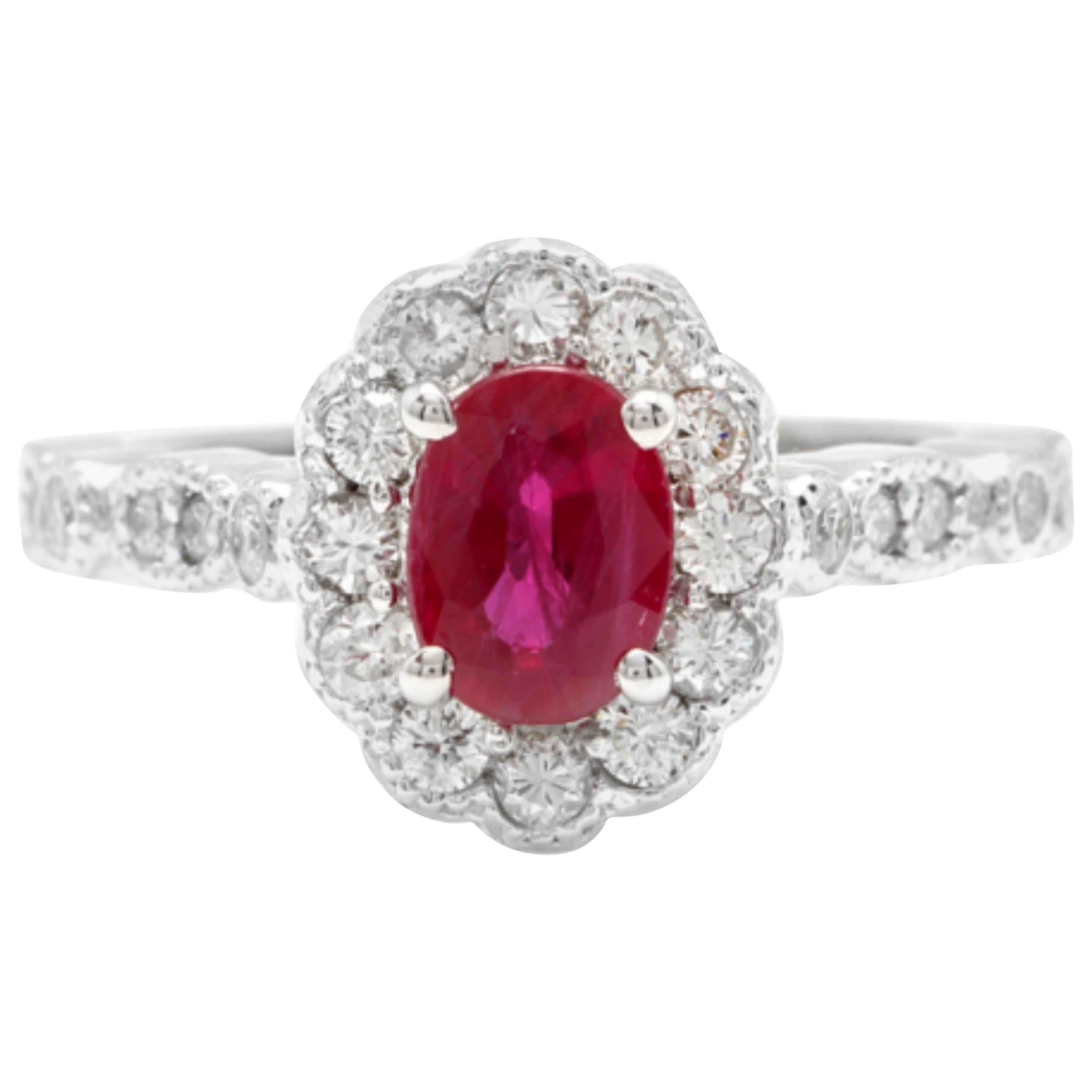 1.60 Carat Natural Red Ruby and Diamond 14 Karat Solid White Gold Ring For Sale