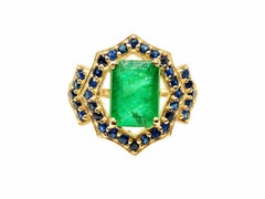 1.60 Ct Emerald Octagon Cut Cocktail Ring with Sapphire Accents 14K Gold Ring