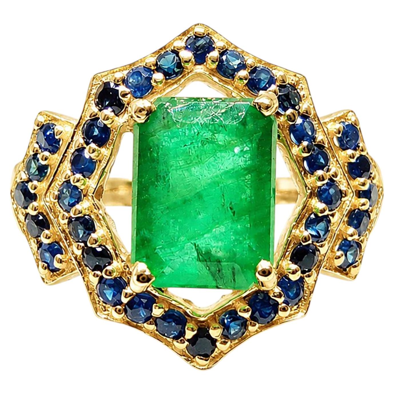 1.60 Ct Emerald Octagon Cut Cocktail Ring with Sapphire Accents 14K Gold Ring For Sale