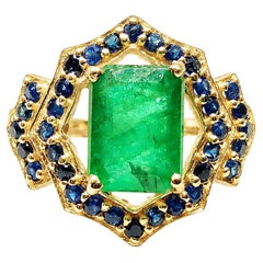 1.60 Ct Emerald Octagon Cut Cocktail Ring with Sapphire Accents 14K Gold Ring