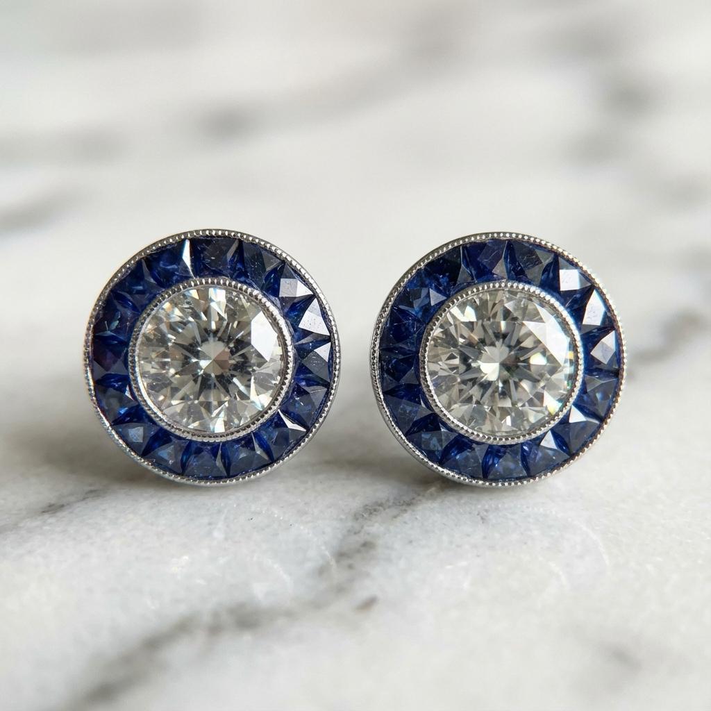 Art Déco Orecchini con diamanti e zaffiri da 1,60 ct certificati GIA in oro bianco 18 carati in vendita