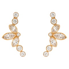 1.60 CT Marquise & Round Diamond Bezel Set Curved Ear Climber Earrings 18K Gold