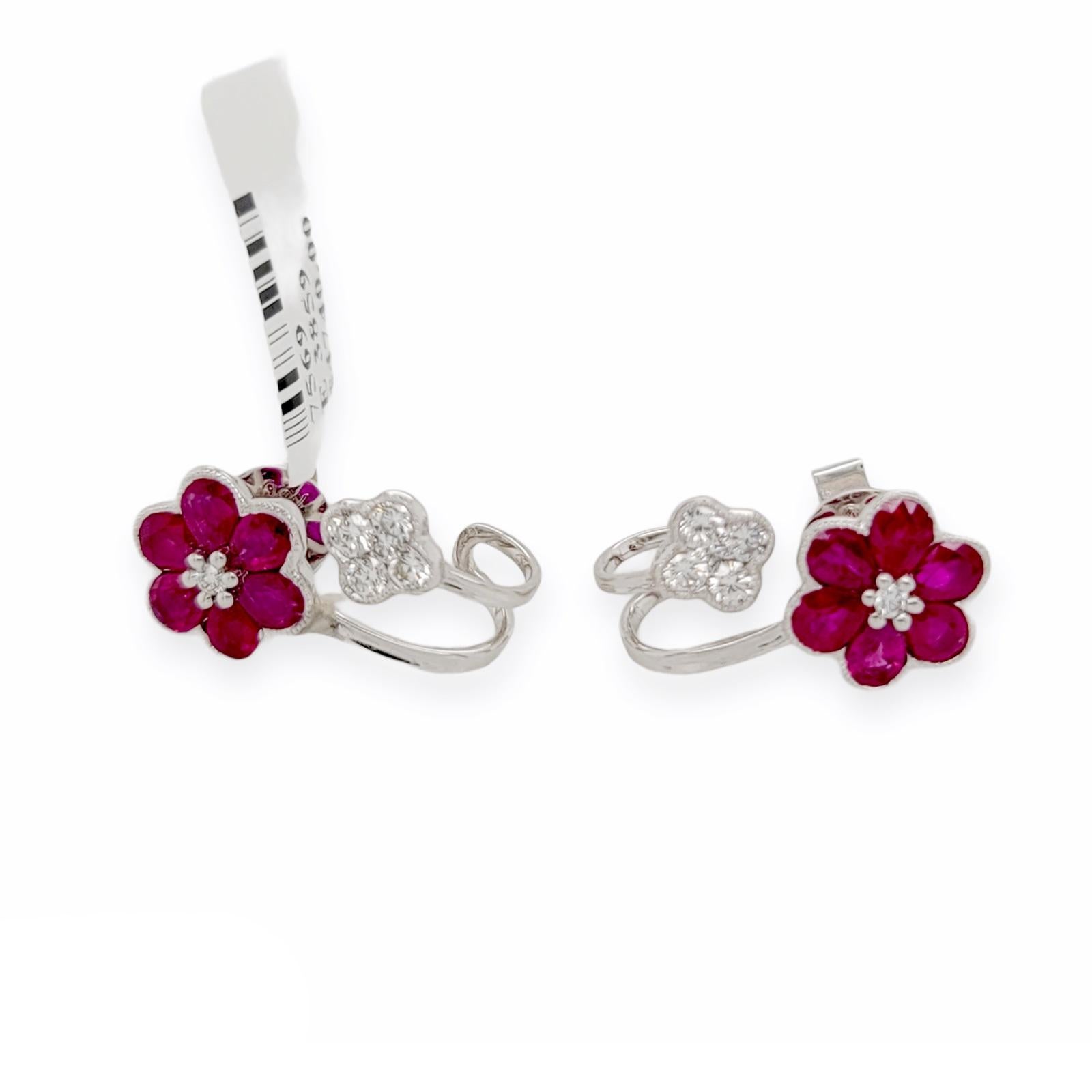 Round Cut 1.60 CT Natural Ruby & 0.45 CT Diamonds in 18K White Gold Flower Earrings For Sale