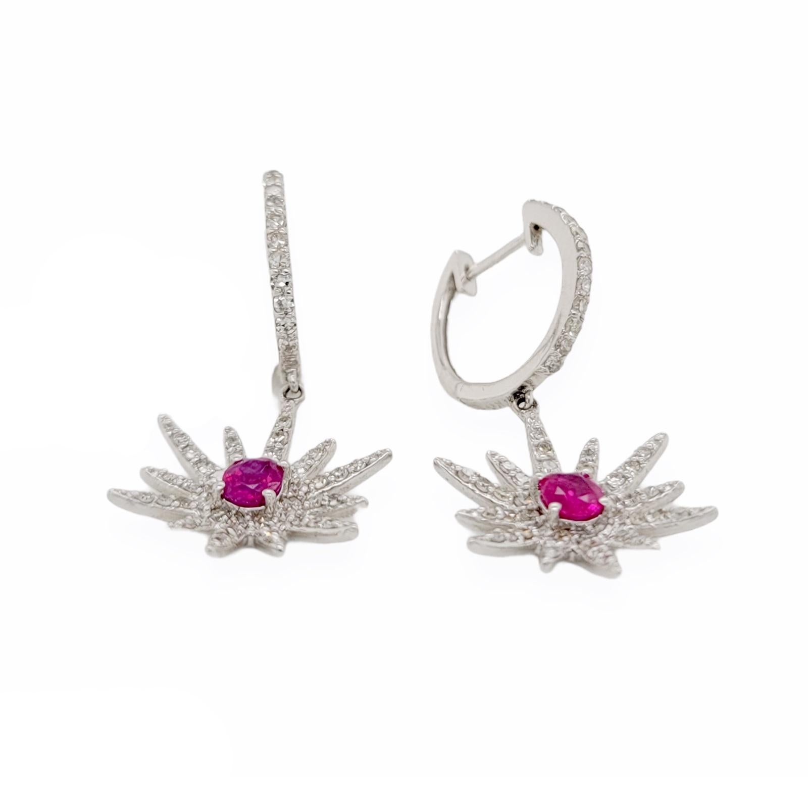 Round Cut 1.60 CT Natural Ruby & 0.45 CT Diamonds in 18K White Gold Flower Earrings For Sale