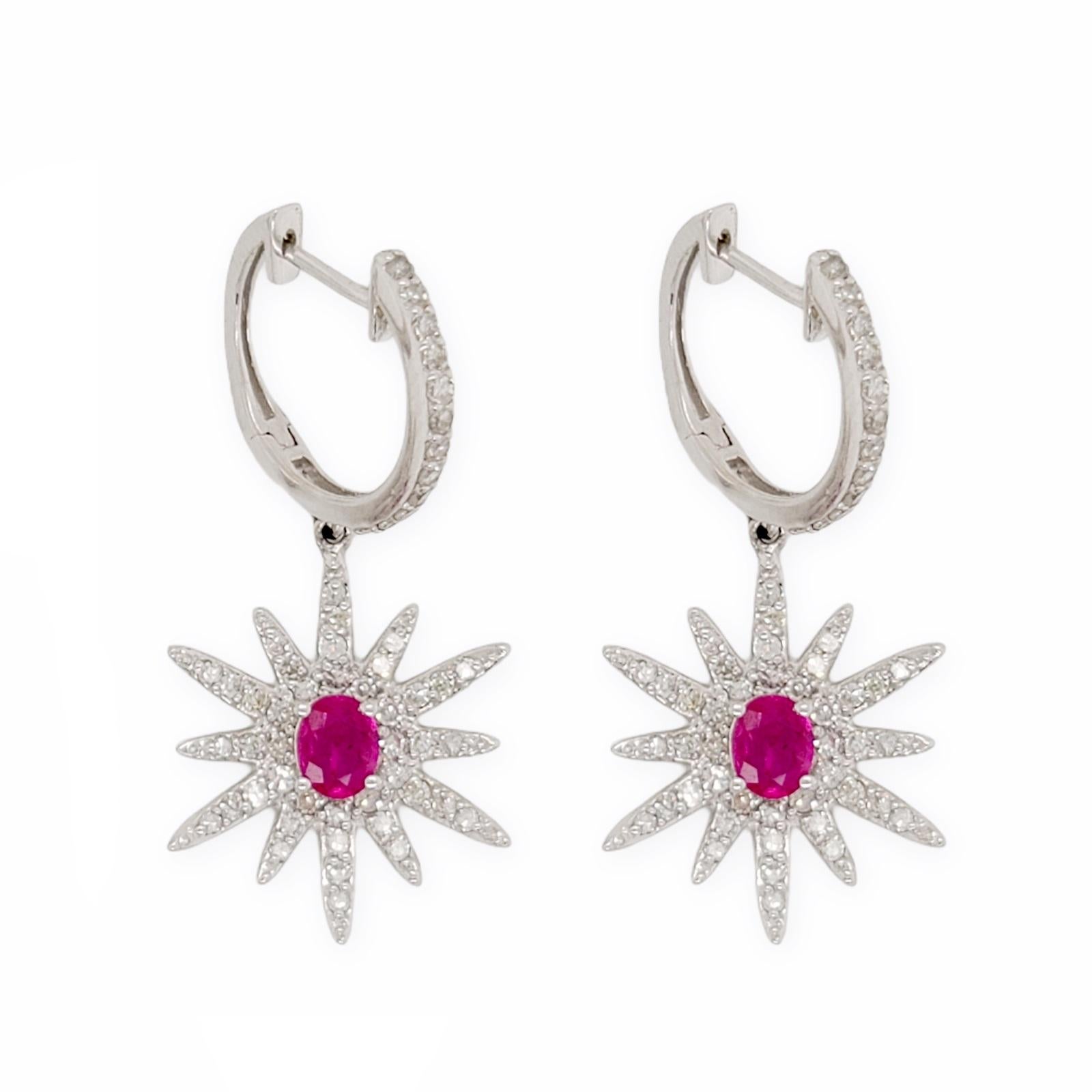 1.60 CT Natural Ruby & 0.45 CT Diamonds in 18K White Gold Flower Earrings In Excellent Condition For Sale In Los Angeles, CA