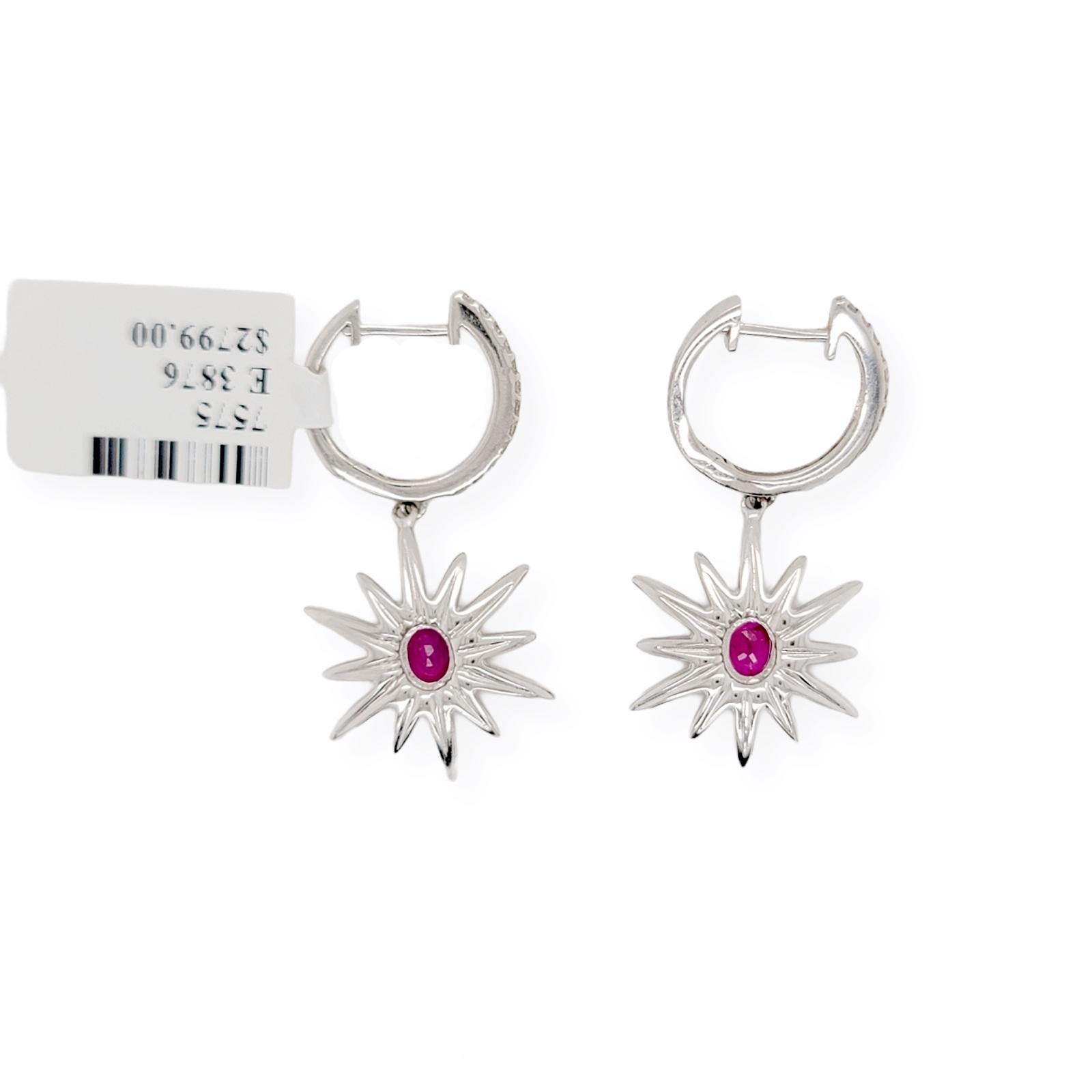 Women's or Men's 1.60 CT Natural Ruby & 0.45 CT Diamonds in 18K White Gold Flower Earrings For Sale