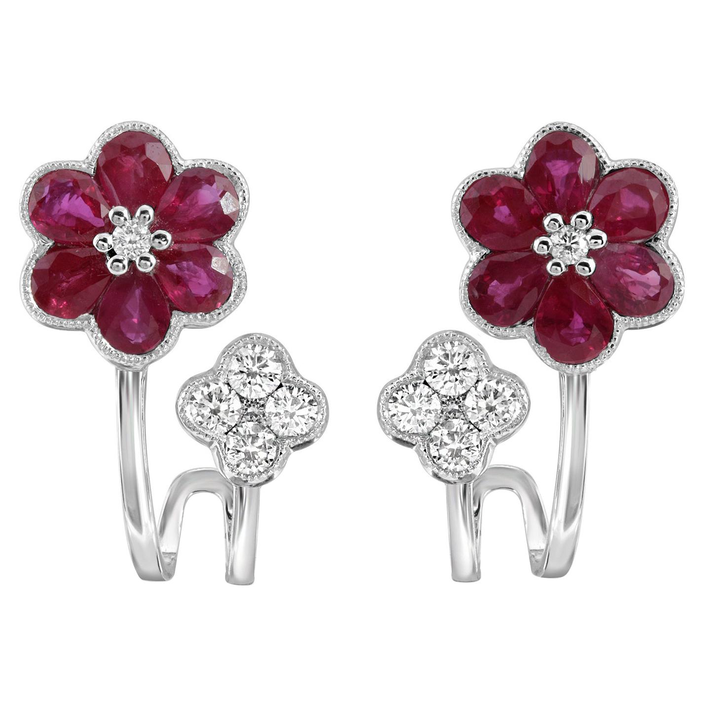 1.60 CT Natural Ruby & 0.45 CT Diamonds in 18K White Gold Flower Earrings