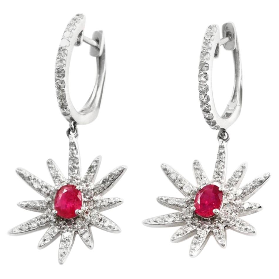 1.60 CT Natural Ruby & 0.45 CT Diamonds in 18K White Gold Flower Earrings For Sale