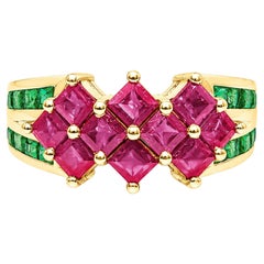 1.60 Ct Natural Ruby Cluster Mens Ring 14K Gold Ruby Emerald Band Unique Design