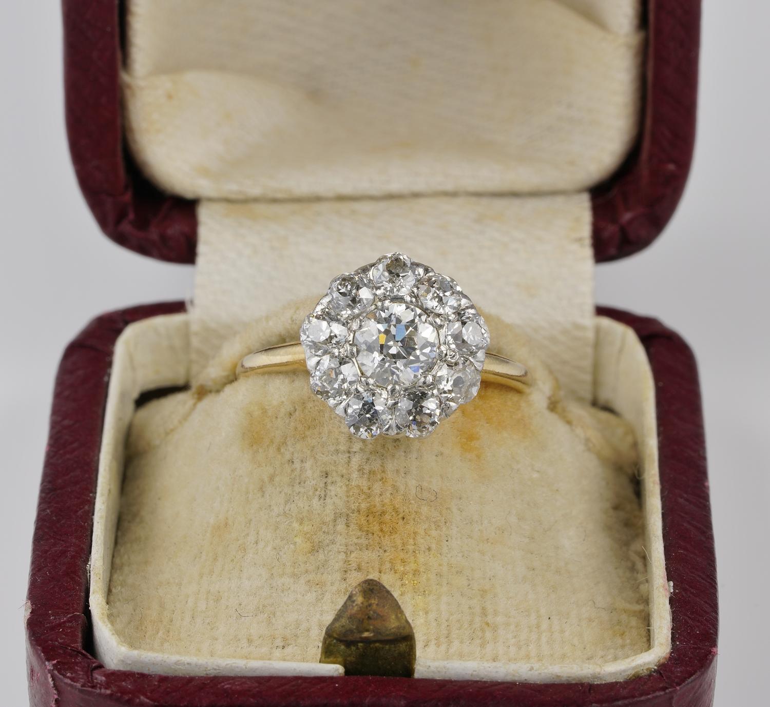 Edwardian Delight!

This authentic Edwardian period Diamond cluster ring has been hand crafted during 1900 period of solid 18 KT gold with solid Platinum crown
Dainty Daisy shape made by a larger Diamond in the middle with 9 surrounding Diamonds