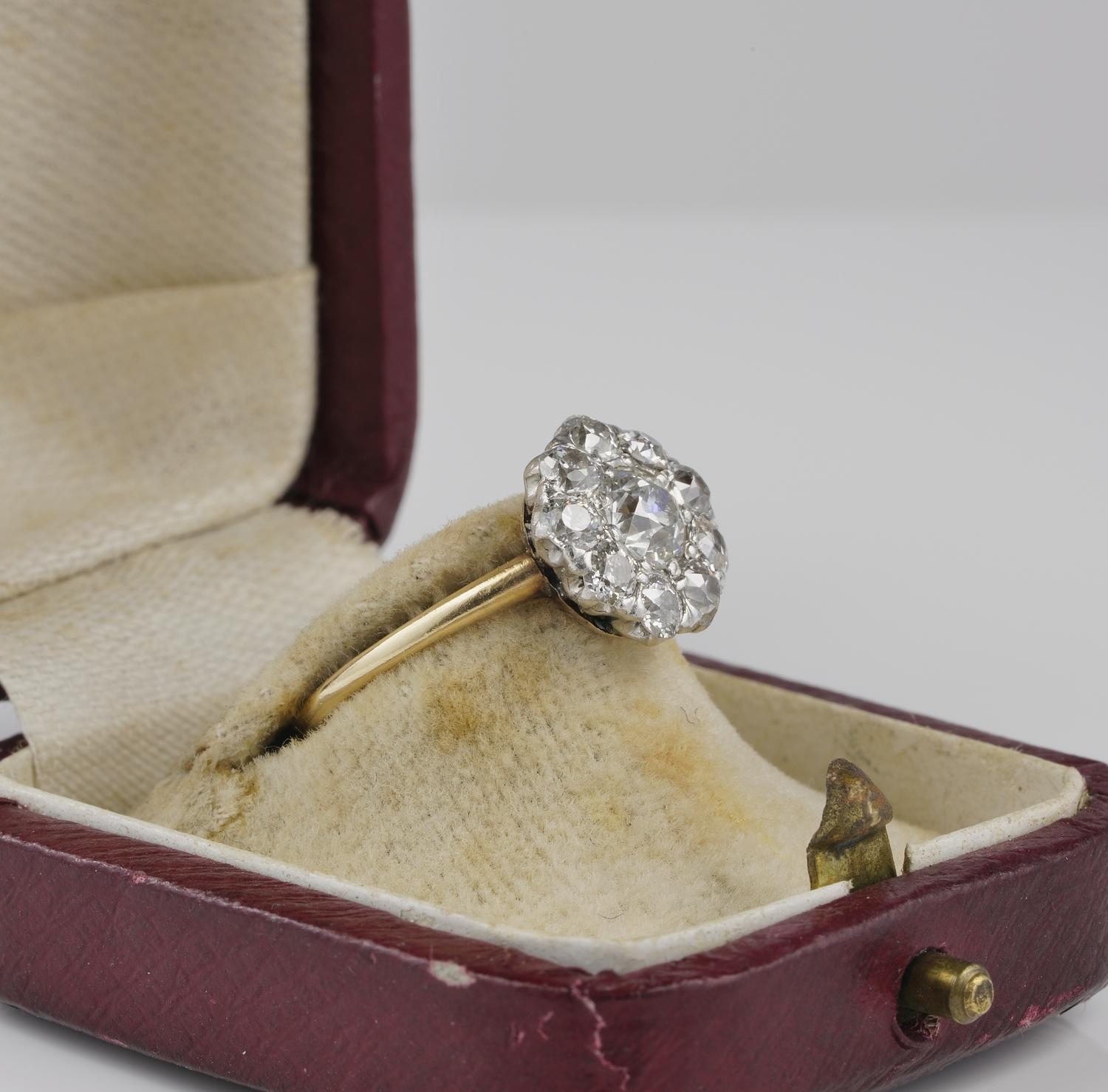 Edwardian 1.60 Carat Old Mine Cut Diamond Rare Engagement Cluster Ring