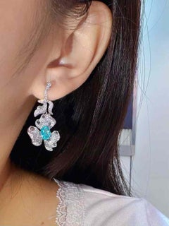 1.60 Ct Paraiba Tourmaline Diamond Flower Drop Earrings