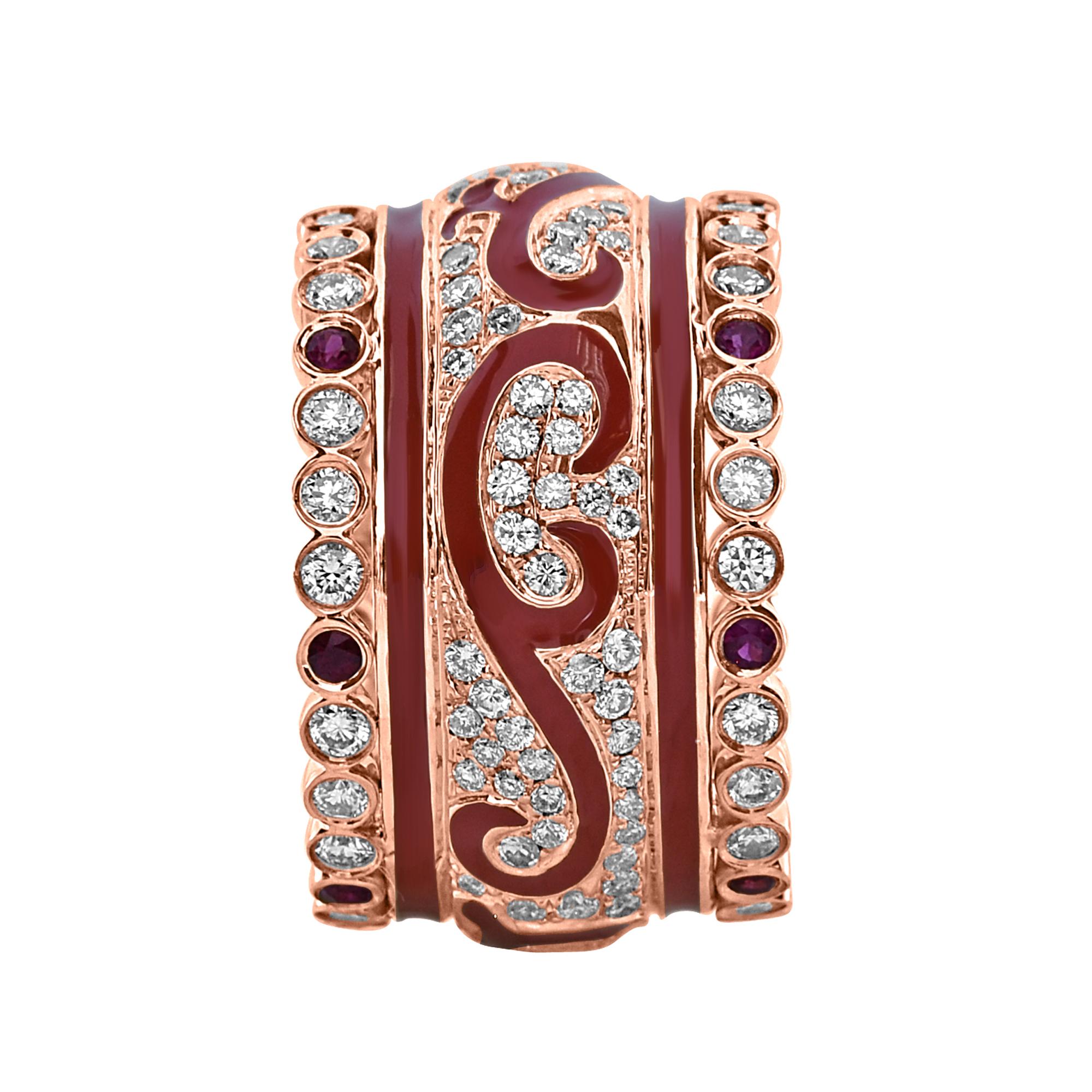 Very Unique and Stylish 18k Rose Gold Band with Red Oriental Style Enamel and Diamond Inlay & Border containing Natural Rubies 
Total Carat Weight: 1.32 Carats 
White Diamonds: 1.32 Carats
Rubies: 0.28 Carats
Setting: 11.27 grams, 18k Rose Gold