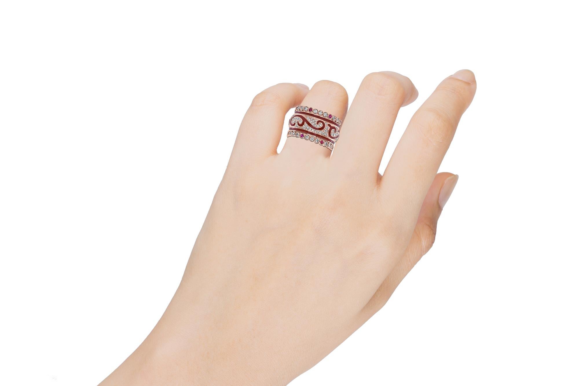 Round Cut 18k Rose Gold & Enamel Band with 1.60 Carat Diamond & 0.28 Carat Ruby For Sale