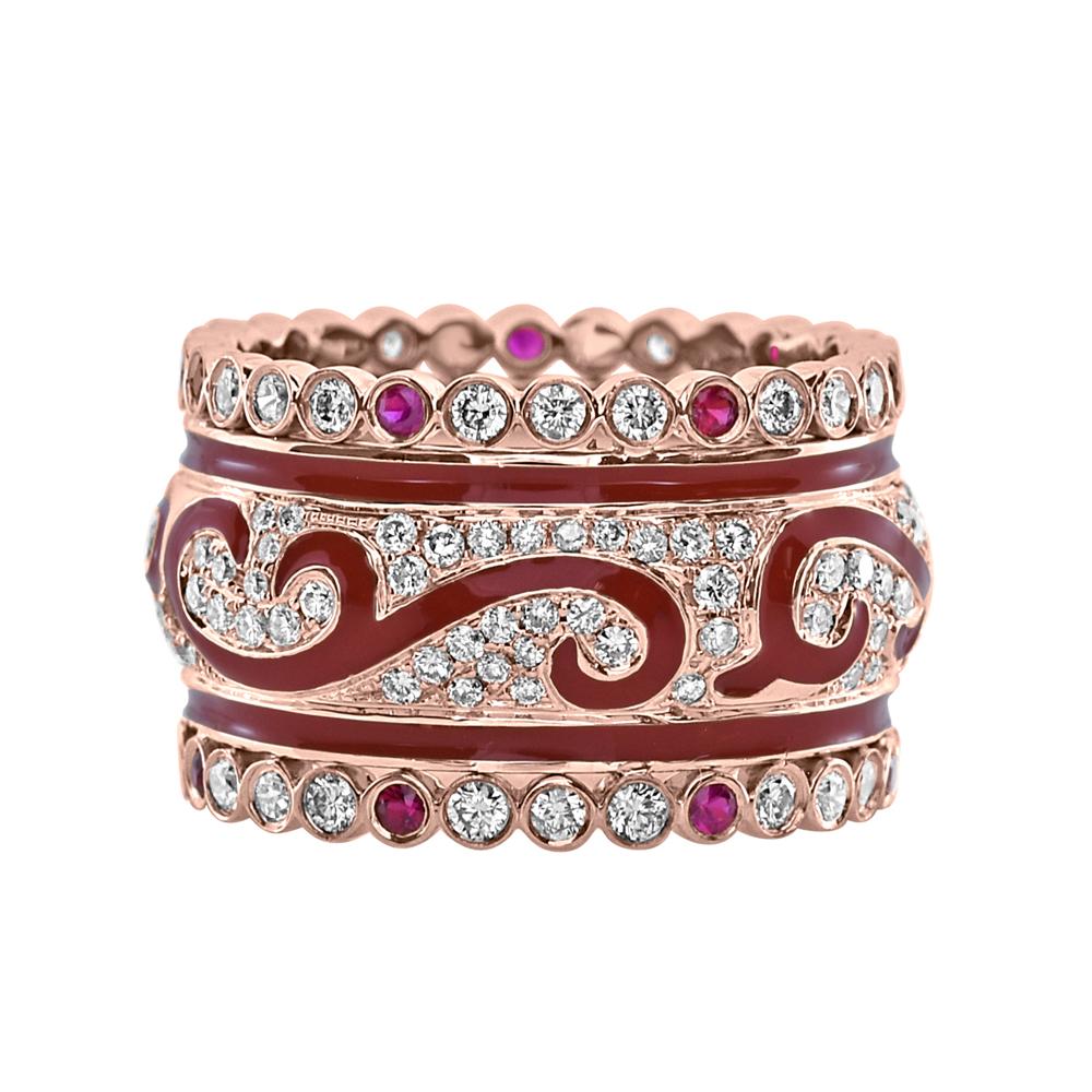 Art Deco 18k Rose Gold & Enamel Band with 1.60 Carat Diamond & 0.28 Carat Ruby For Sale