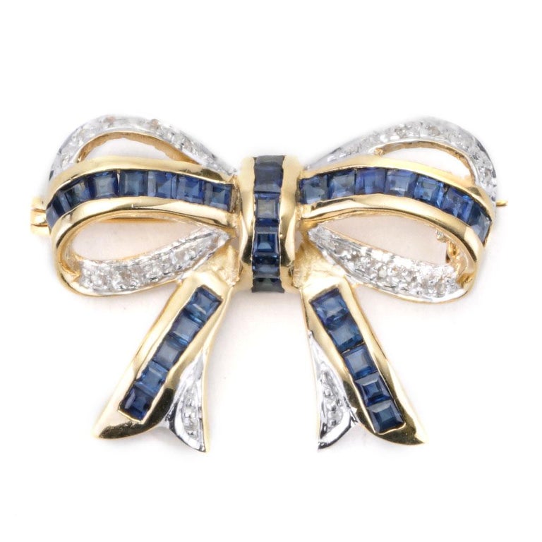 Princess Cut 1.60 CTTW Antique Sapphire & Diamond Bow Pin In 14K Yellow Gold For Sale