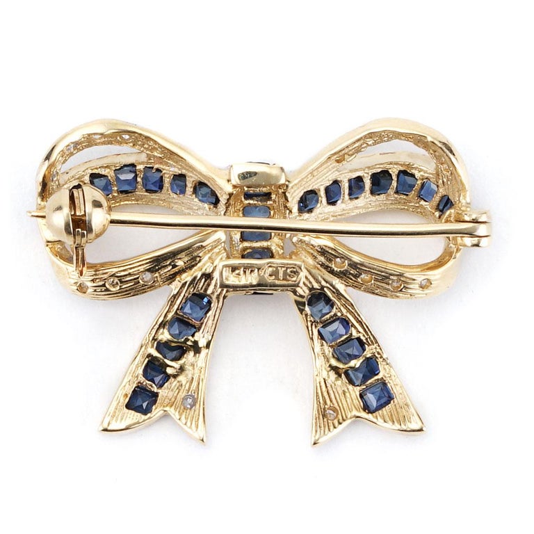 1.60 CTTW Antique Sapphire & Diamond Bow Pin In 14K Yellow Gold In Excellent Condition For Sale In Chicago, IL