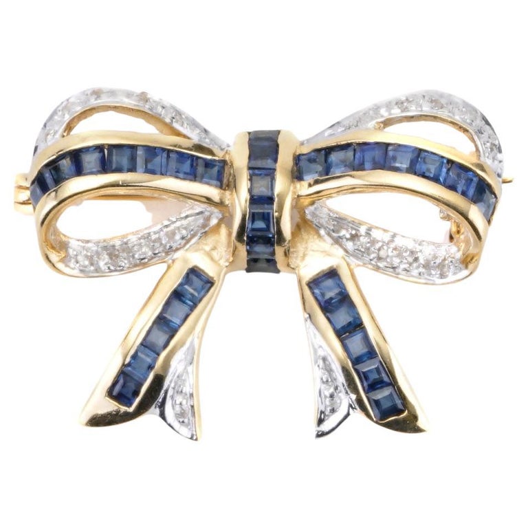 1.60 CTTW Antique Sapphire & Diamond Bow Pin In 14K Yellow Gold For Sale