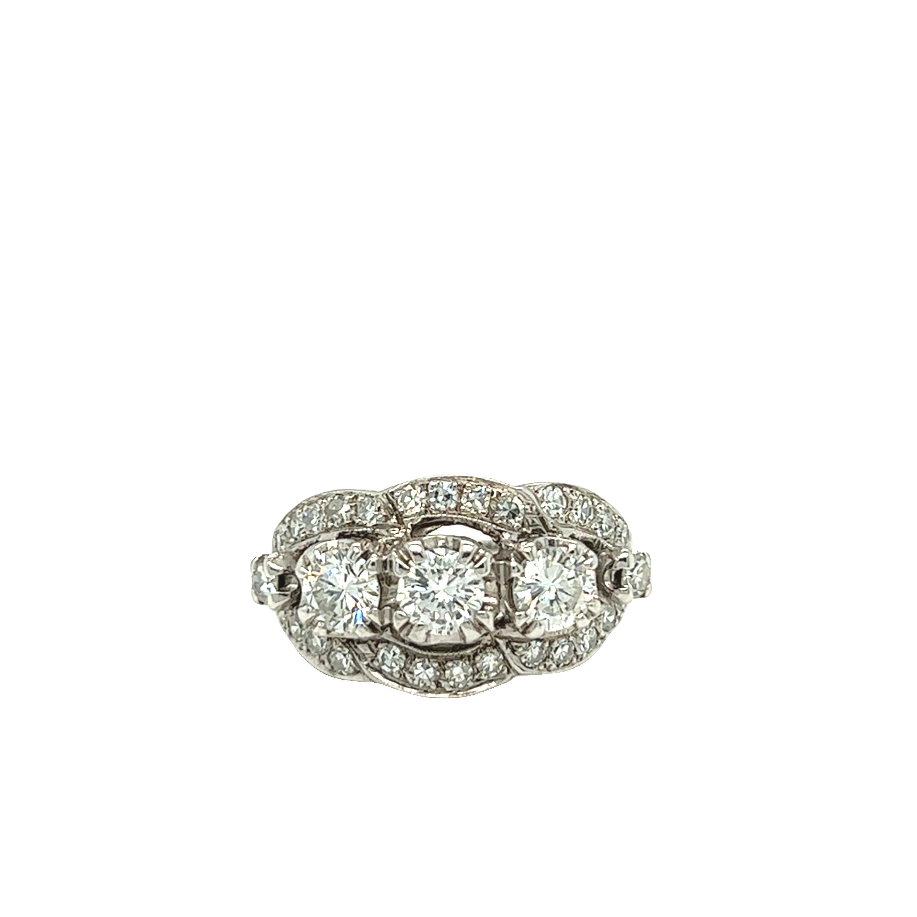 Women's 1.78 Cttw Vintage Three Stone Diamond Ring in 14K White Gold For Sale